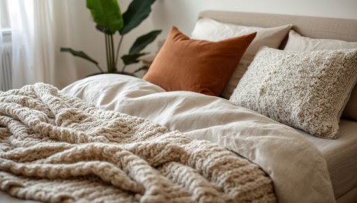 Gros plan sur une literie superposée, plaid en grosse maille crème et coussins texturés