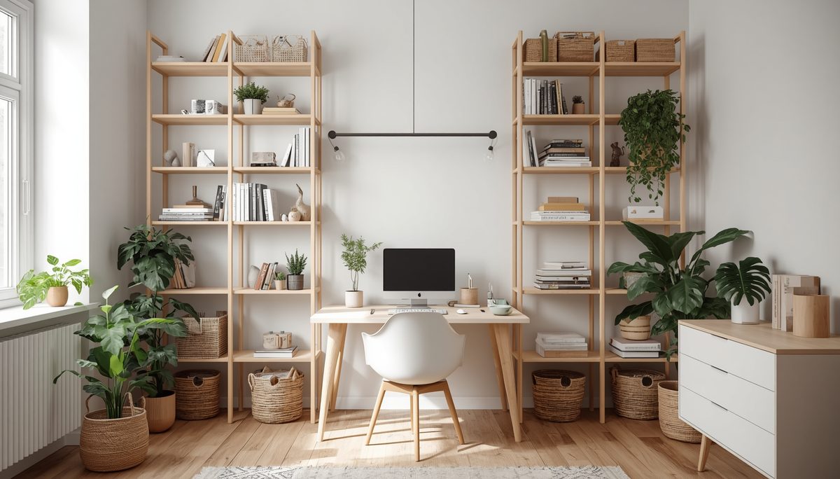 Petit studio avec de hautes étagères murales en bois clair