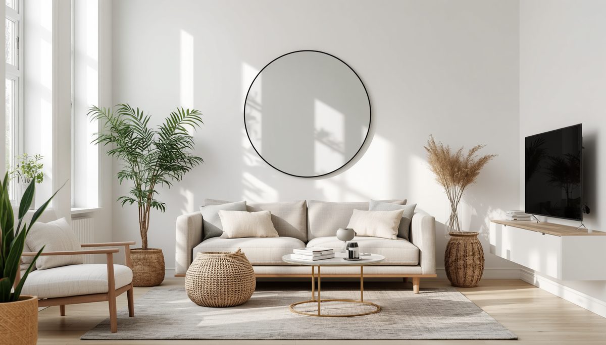 Petit salon lumineux avec un grand miroir mural rond