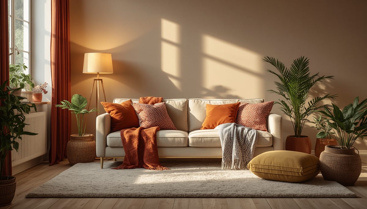 Salon cosy et chaleureux aux tons terracotta et moutarde