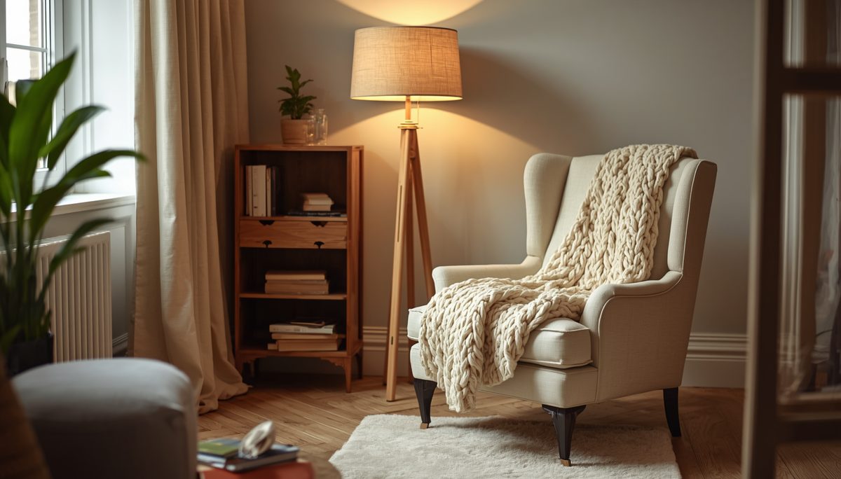 Coin lecture cosy avec fauteuil crème, plaid et lampadaire à lumière chaude