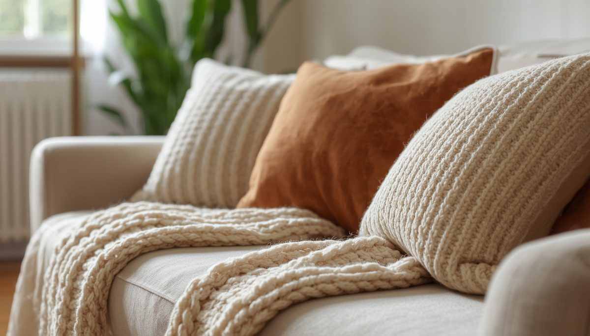 Canapé cosy avec plaids en grosse maille et coussins crème et terracotta