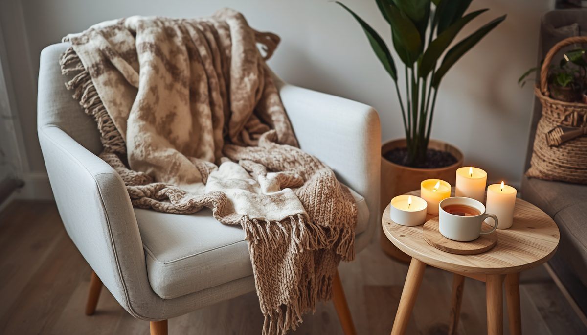 Coin hygge cosy avec plaid en laine, bougies et tasse de thé