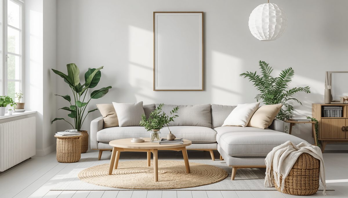 Salon scandinave lumineux avec canapé gris clair et bois clair